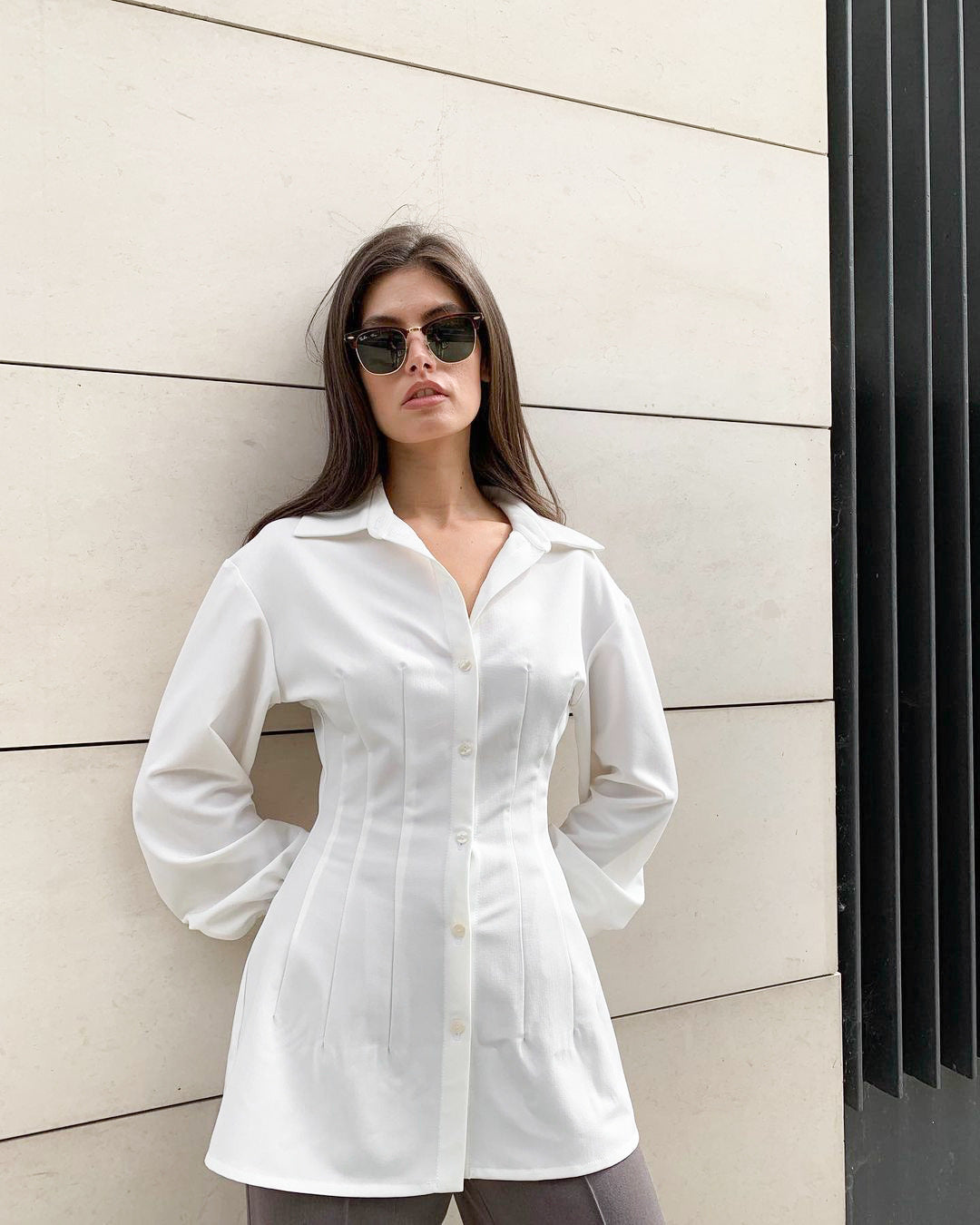 Pile Collar Shirred Frill Elastic Waist Single-breasted Shirts
