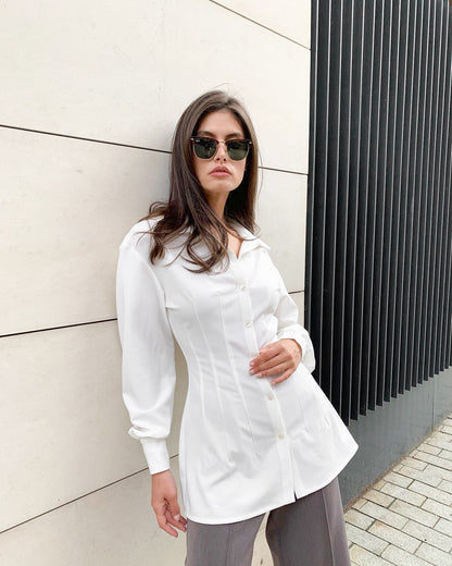 Pile Collar Shirred Frill Elastic Waist Single-breasted Shirts