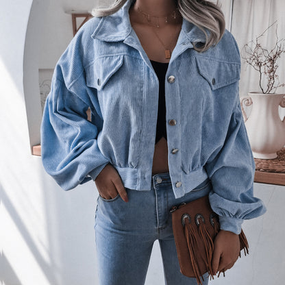 Corduroy Lantern Sleeve Single-breasted Lapel Cardigans Outerwear