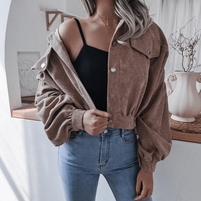 Corduroy Lantern Sleeve Single-breasted Lapel Cardigans Outerwear