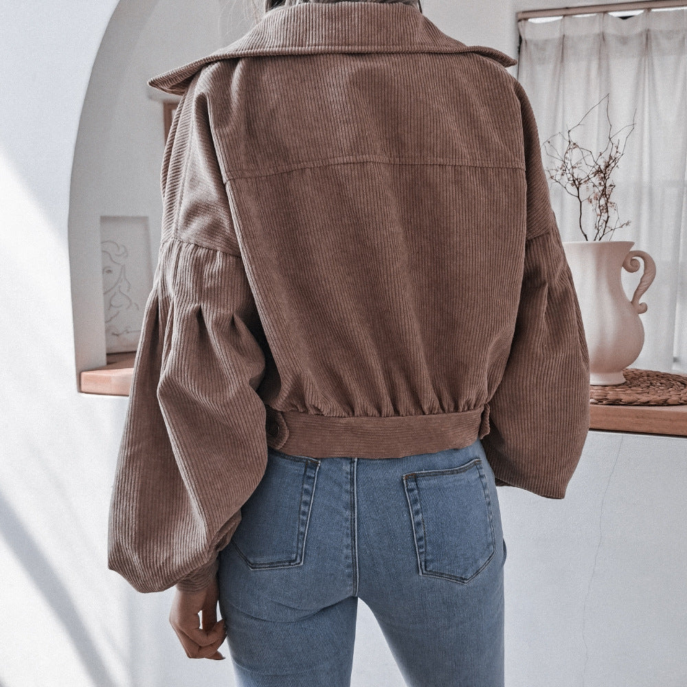 Corduroy Lantern Sleeve Single-breasted Lapel Cardigans Outerwear