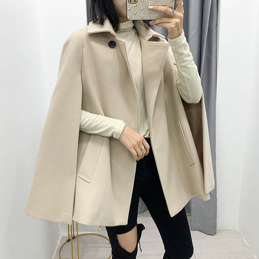 Pile Collar Elegant Button Shawl Cape Outerwear