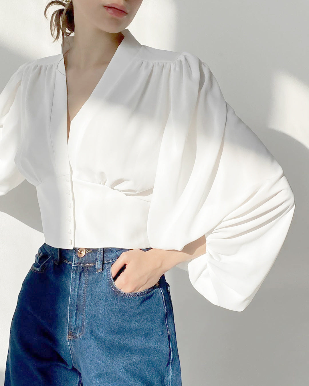Elegant V-neck Lantern Sleeve Button Shirts