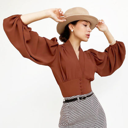 Elegant V-neck Lantern Sleeve Button Shirts