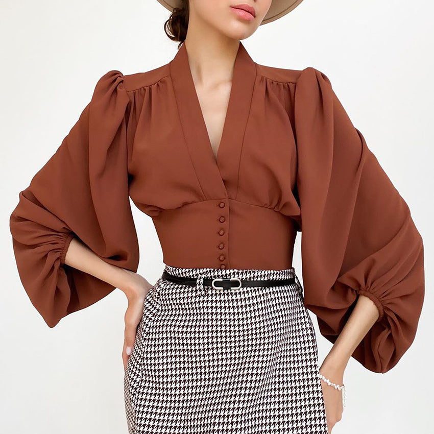 Elegant V-neck Lantern Sleeve Button Shirts