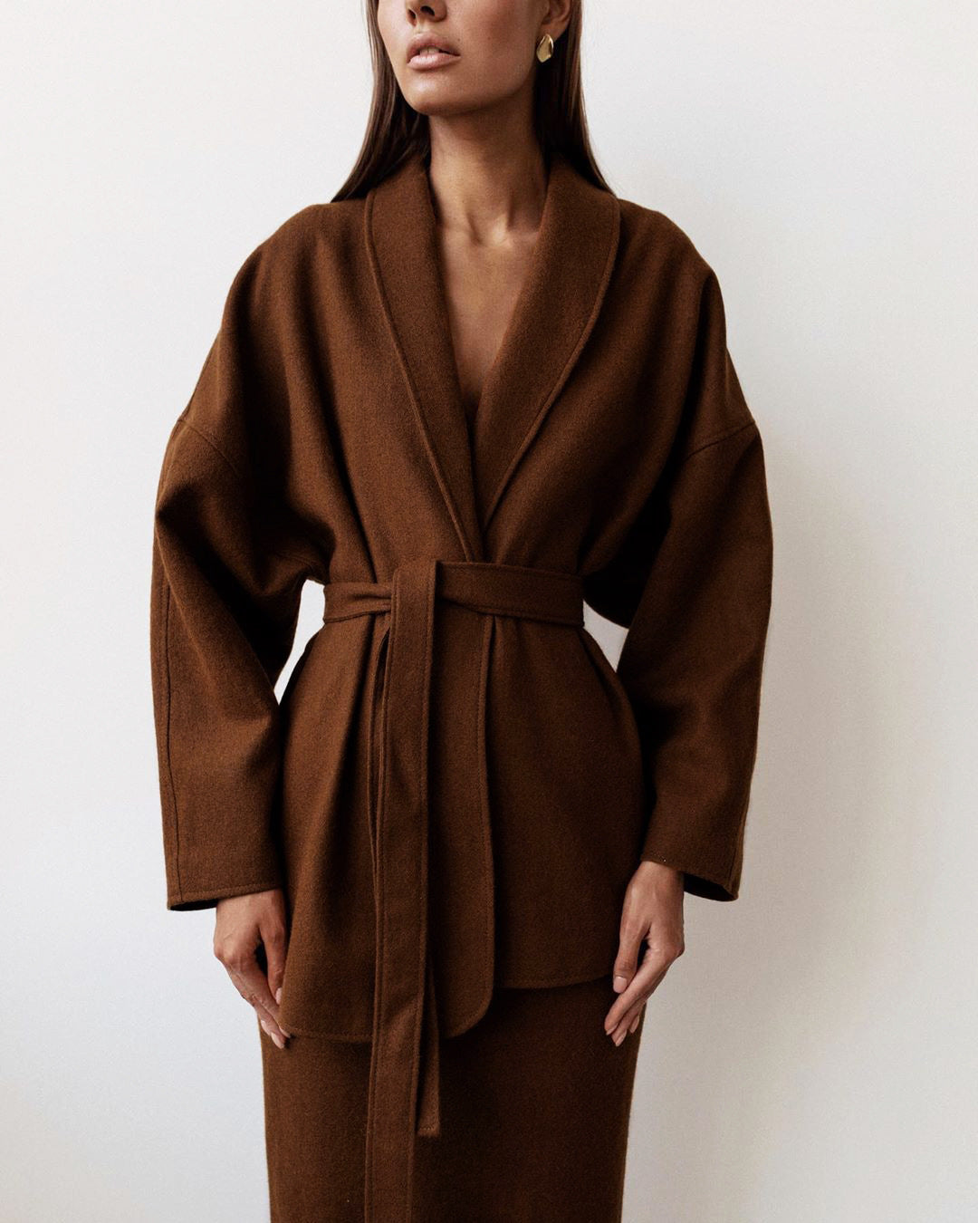 Woolen Lace-up Blazers Outerwear Skirt Midi Dresses Two-piece Set