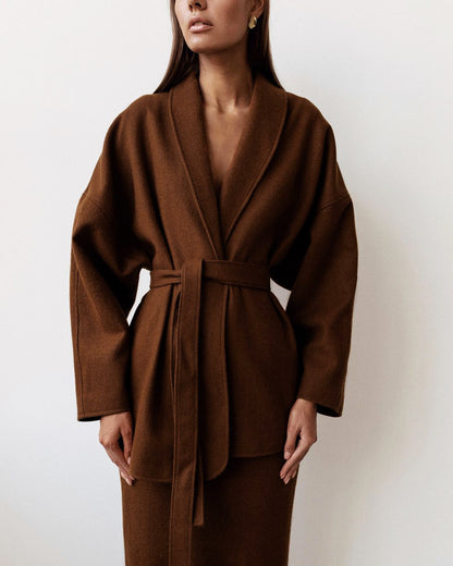 Woolen Lace-up Blazers Outerwear Skirt Midi Dresses Two-piece Set
