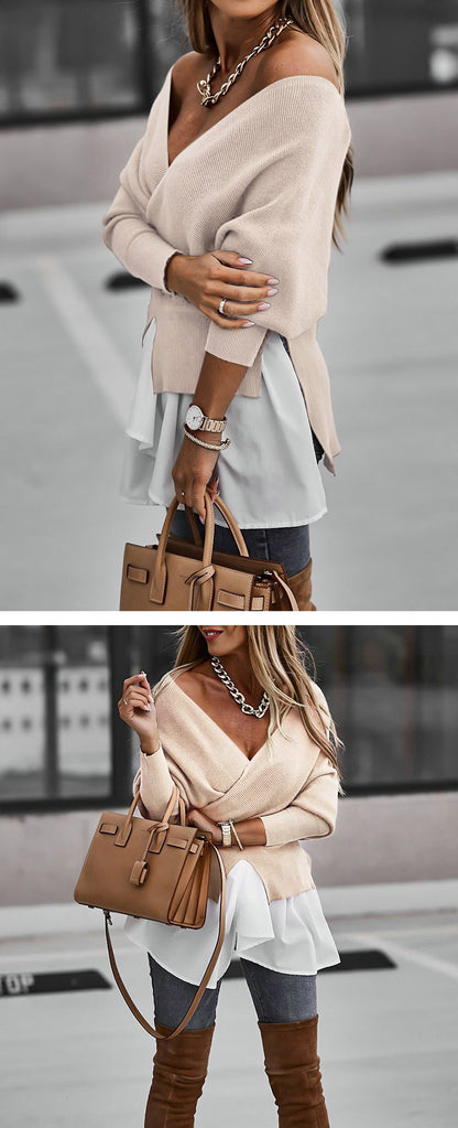 Off Shoulder V-neck Backless Lantern Sleeve Irregular Hem Shirts Blouses