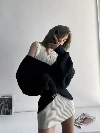 Vintage V-neck Batwing Sleeve Cross Design Knit Sweaters
