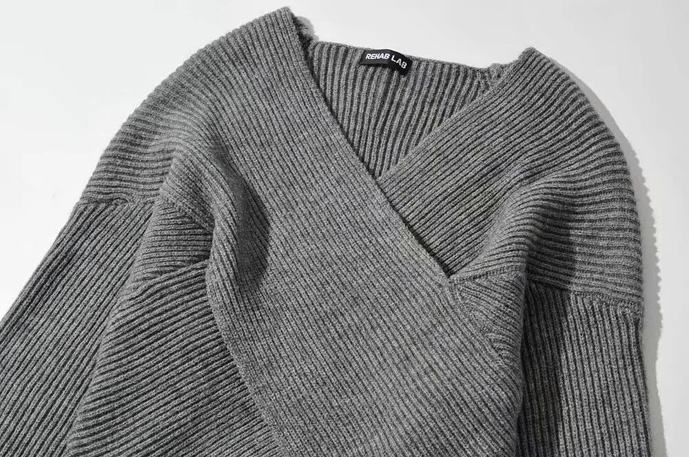 Vintage V-neck Batwing Sleeve Cross Design Knit Sweaters
