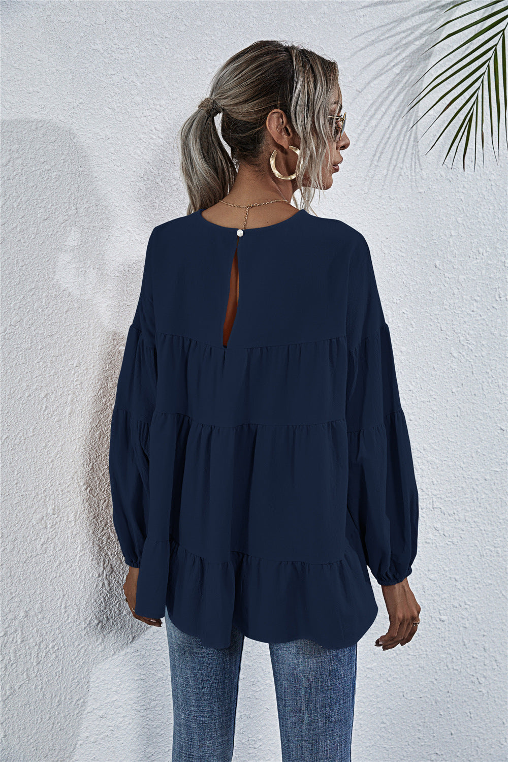 Round Neck Lantern Elastic Bubble Sleeve Blouses