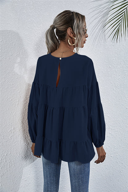 Round Neck Lantern Elastic Bubble Sleeve Blouses