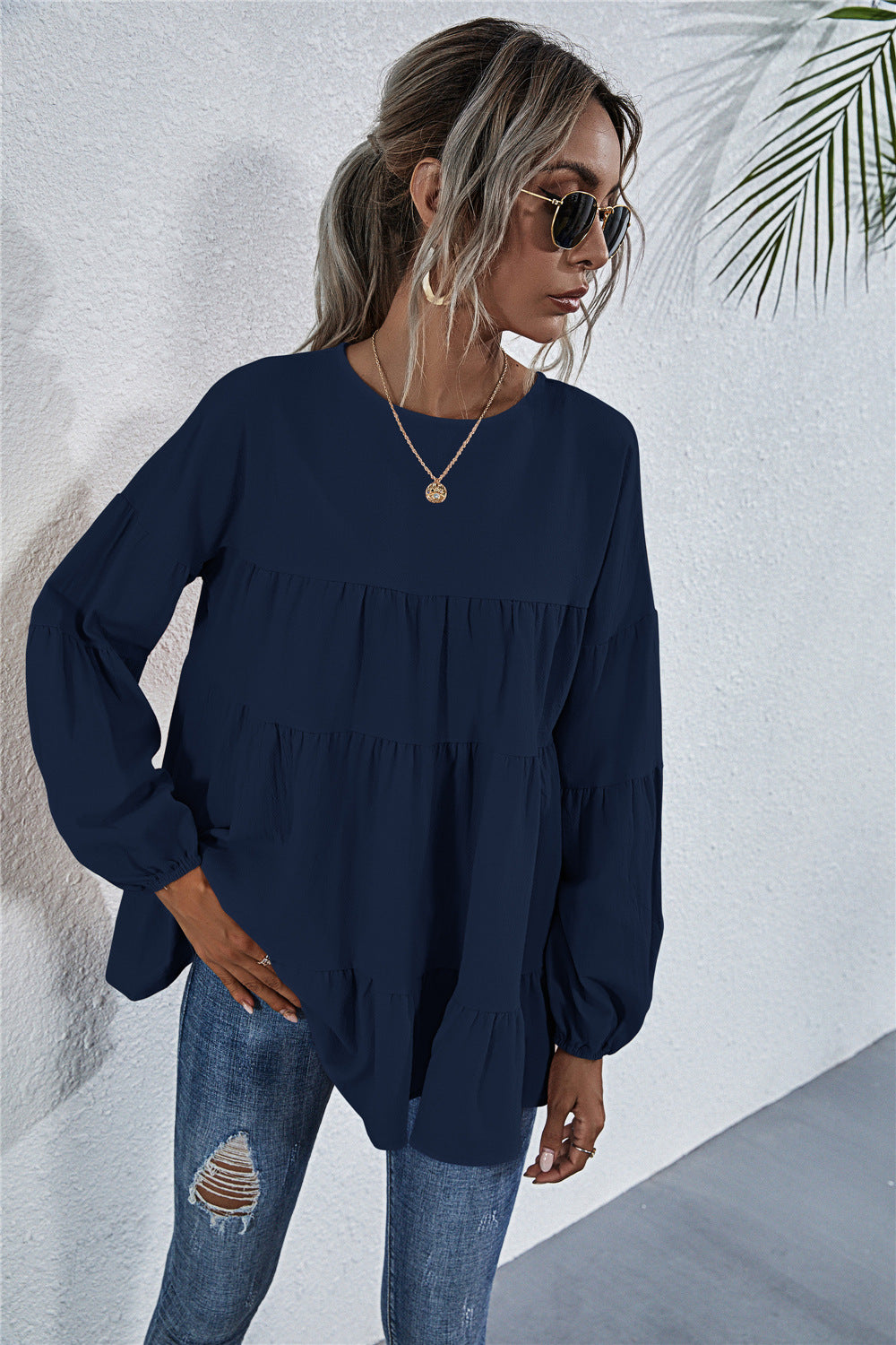 Round Neck Lantern Elastic Bubble Sleeve Blouses