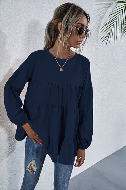 Round Neck Lantern Elastic Bubble Sleeve Blouses