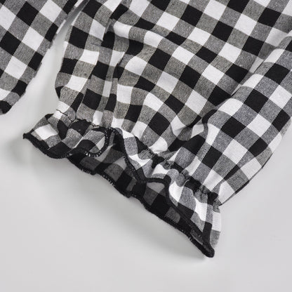 V-neck Ruffled Collar Plaid Blouse Shirts