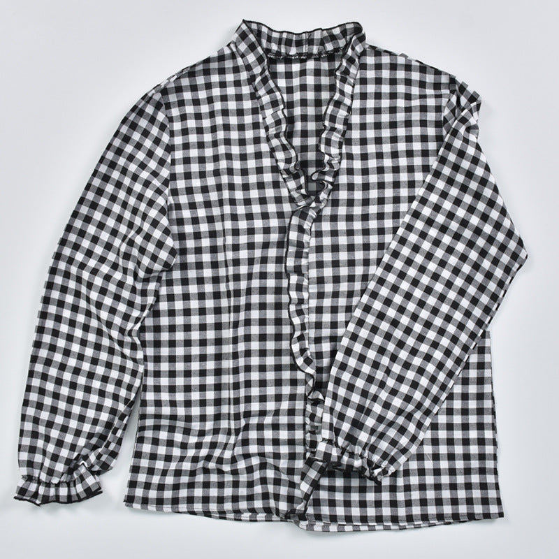 V-neck Ruffled Collar Plaid Blouse Shirts