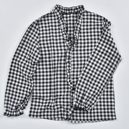 V-neck Ruffled Collar Plaid Blouse Shirts