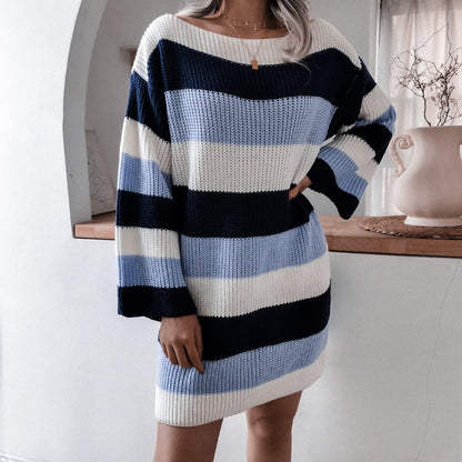 Casual One Shoulder Contrast Stripe Sweater Mini Dresses