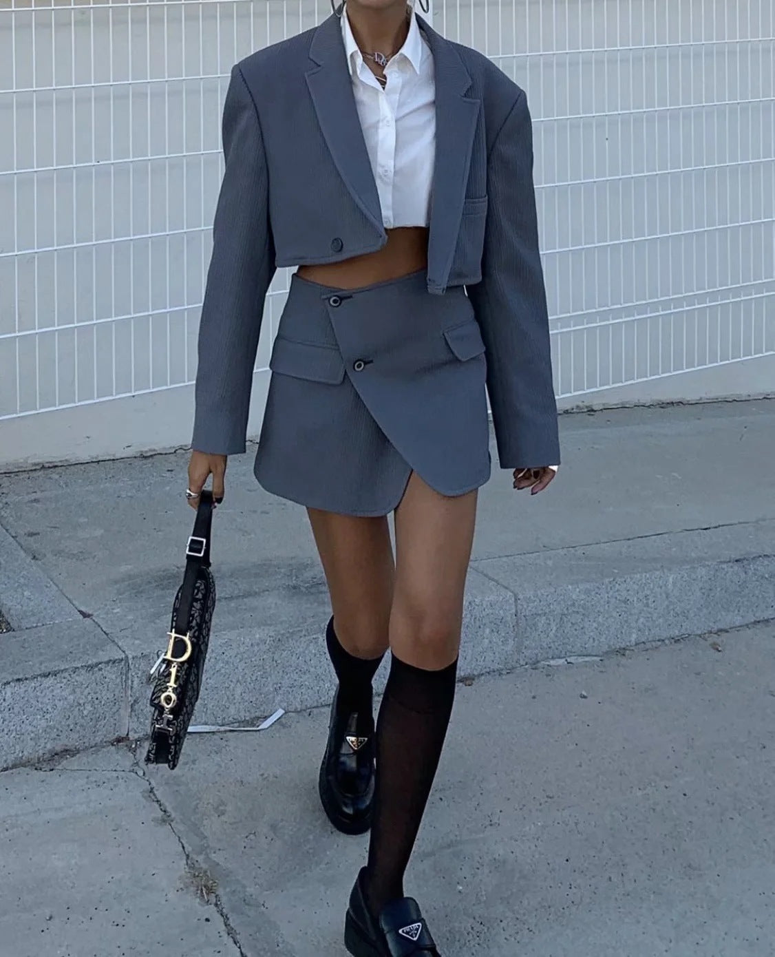 Pile Collar Lapel Blazer Skirt Two-piece Set Green