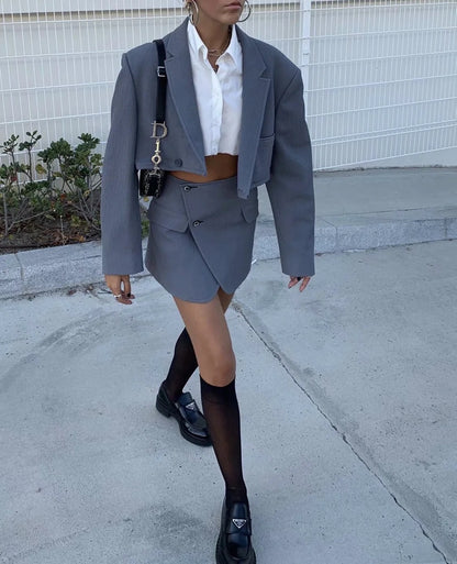 Pile Collar Lapel Blazer Skirt Two-piece Set Green