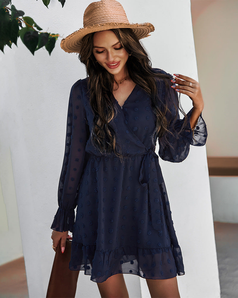 Lace-up V-neck Ruffled Flared Sleeve Mini Dresses