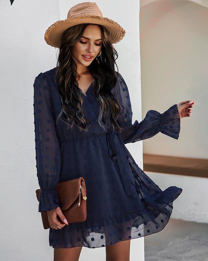 Lace-up V-neck Ruffled Flared Sleeve Mini Dresses