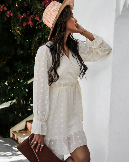 Lace-up V-neck Ruffled Flared Sleeve Mini Dresses