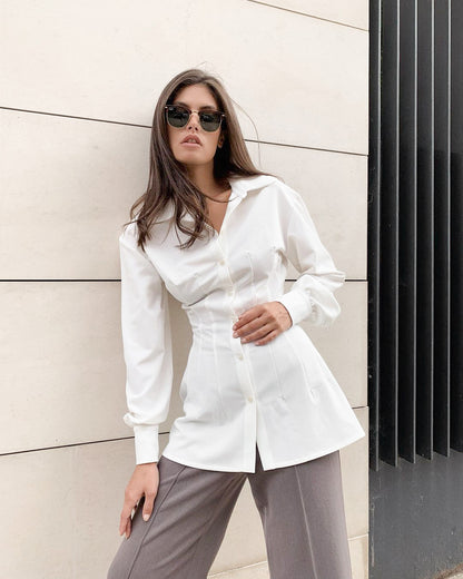 Pile Collar Shirred Frill Elastic Waist Single-breasted Shirts
