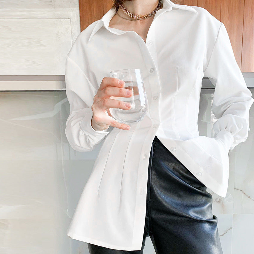 Pile Collar Shirred Frill Elastic Waist Single-breasted Shirts