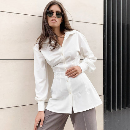 Pile Collar Shirred Frill Elastic Waist Single-breasted Shirts