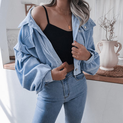 Corduroy Lantern Sleeve Single-breasted Lapel Cardigans Outerwear
