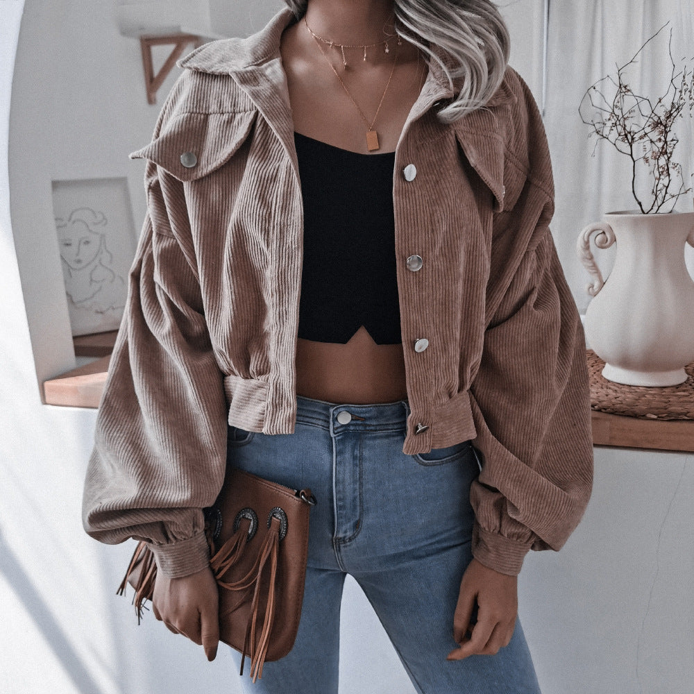 Corduroy Lantern Sleeve Single-breasted Lapel Cardigans Outerwear