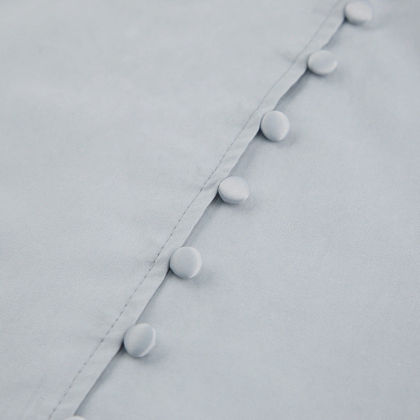 Single-breasted Round Neck Puff Sleeve Mandarin Collar Shirts