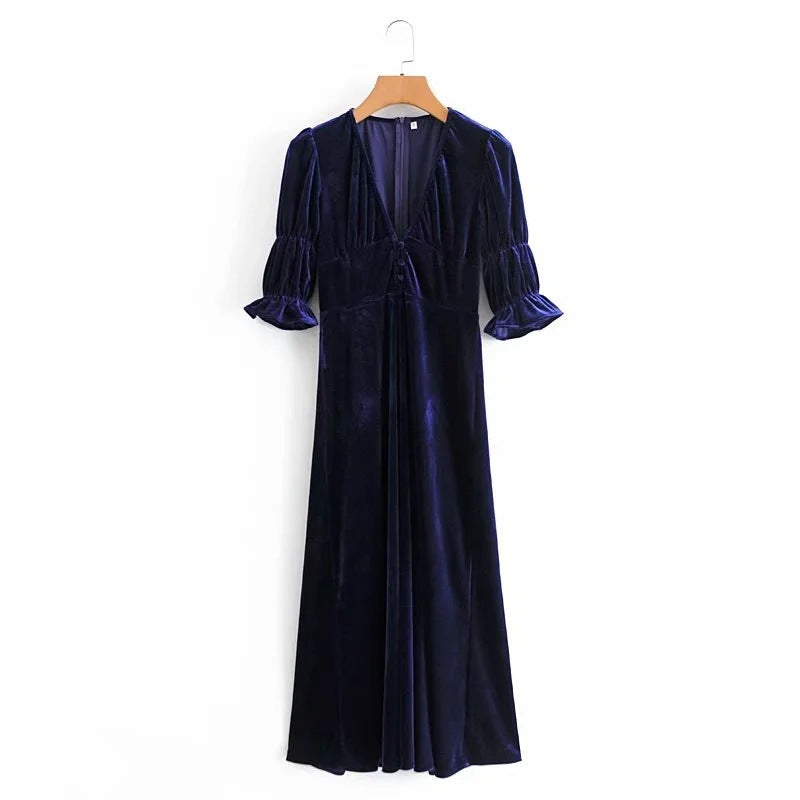 Elegant Lantern Sleeve Elastic Velvet Waist Midi Dresses