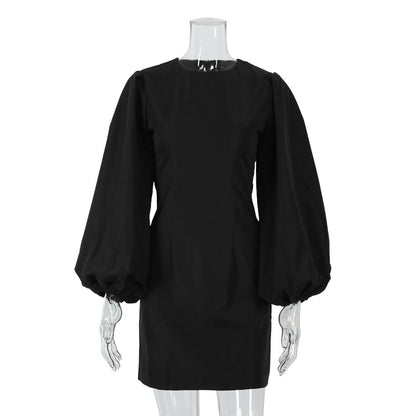 Party Zipper Lantern Sleeve Round Neck Bodycon Mini Dresses