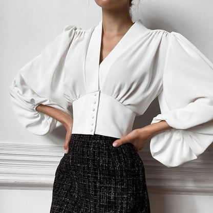 Elegant V-neck Lantern Sleeve Button Shirts