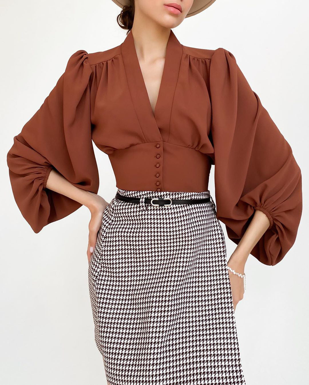 Elegant V-neck Lantern Sleeve Button Shirts