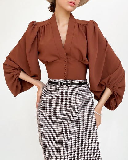 Elegant V-neck Lantern Sleeve Button Shirts