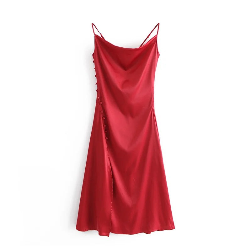 Sling Backless Silk Satin Slit Leg Midi Dresses