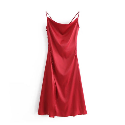 Sling Backless Silk Satin Slit Leg Midi Dresses Blue