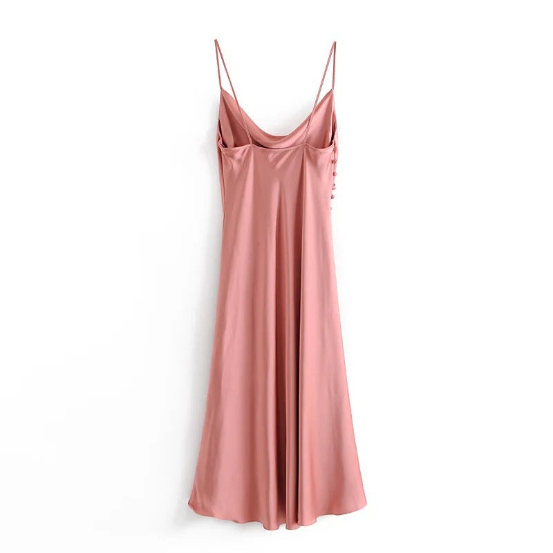 Sling Backless Silk Satin Slit Leg Midi Dresses