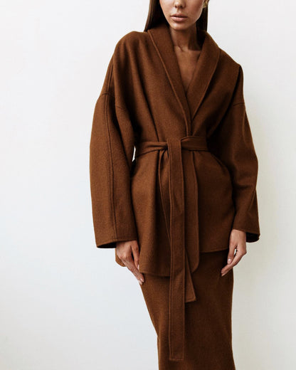Woolen Lace-up Blazers Outerwear Skirt Midi Dresses Two-piece Set