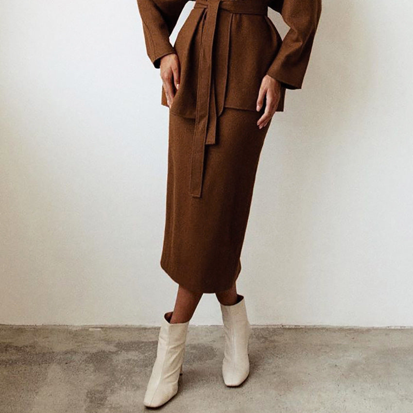 Woolen Lace-up Blazers Outerwear Skirt Midi Dresses Two-piece Set
