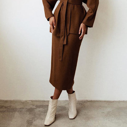 Woolen Lace-up Blazers Outerwear Skirt Midi Dresses Two-piece Set