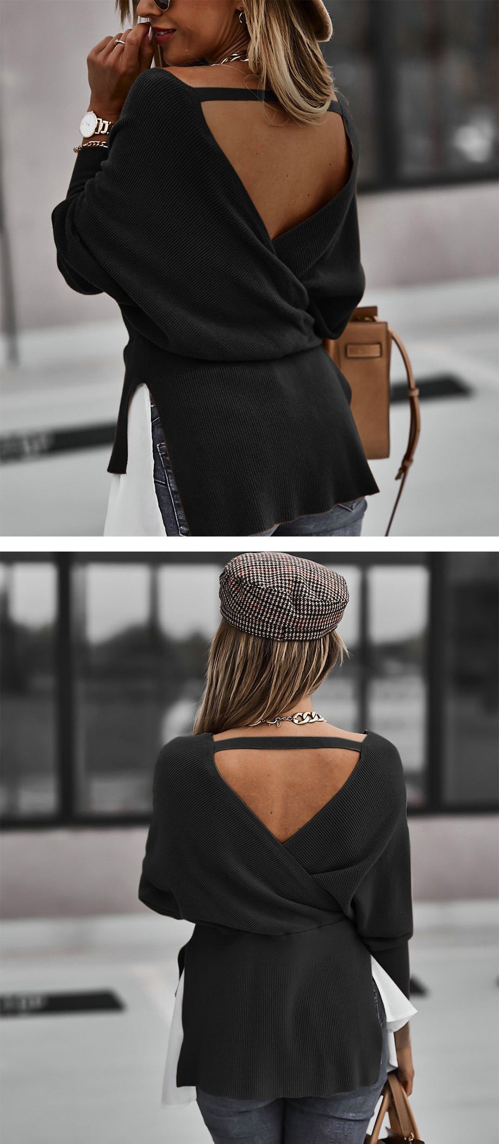Off Shoulder V-neck Backless Lantern Sleeve Irregular Hem Shirts Blouses