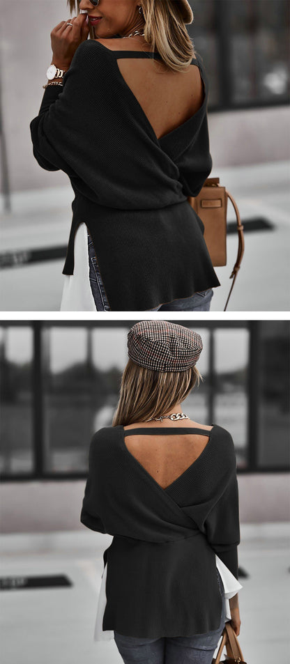 Off Shoulder V-neck Backless Lantern Sleeve Irregular Hem Shirts Blouses