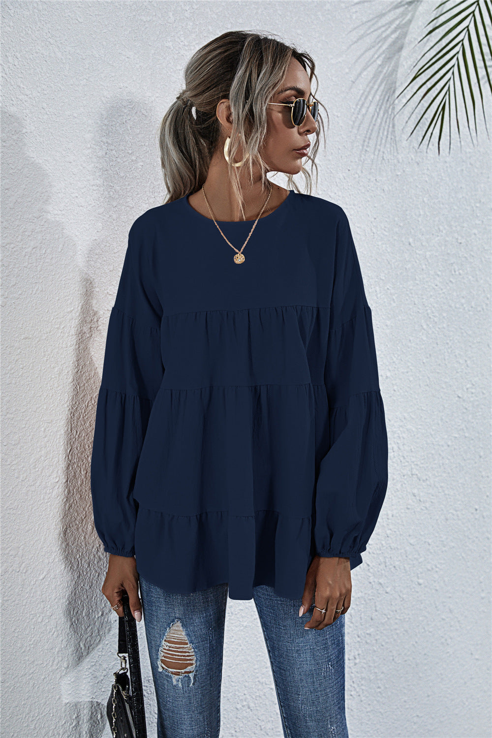 Round Neck Lantern Elastic Bubble Sleeve Blouses
