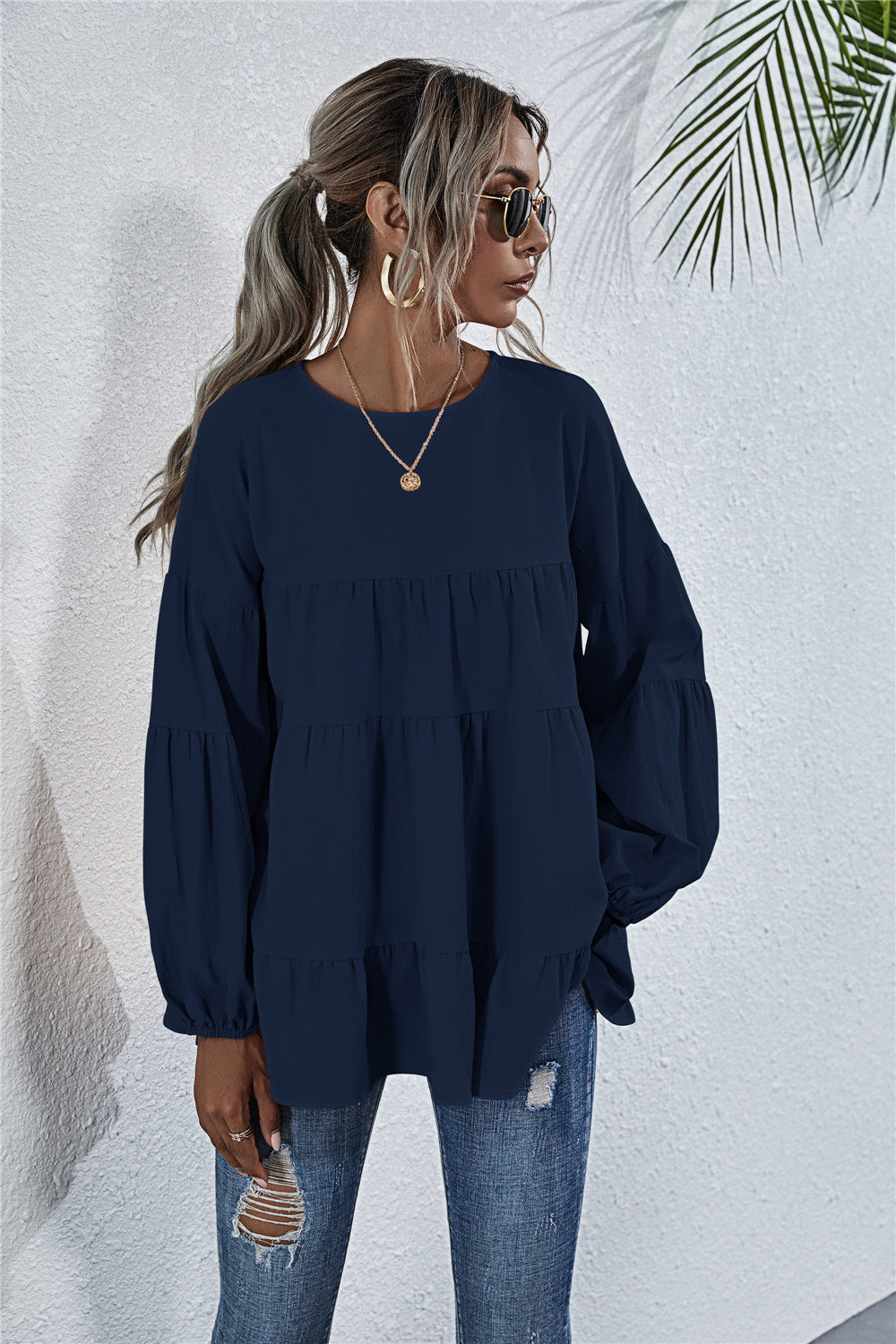 Round Neck Lantern Elastic Bubble Sleeve Blouses