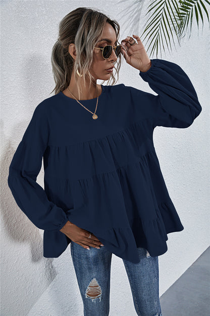 Round Neck Lantern Elastic Bubble Sleeve Blouses