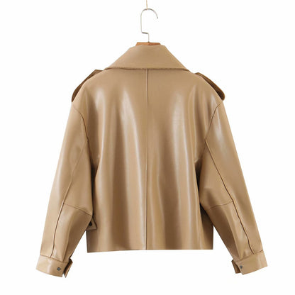 Pile Collar Pocket Crop Leather Tops Jacket Outerwear